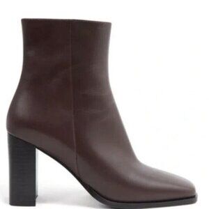 REISS | Casey Square Toe Block Heel Leather Boots in Chocolate Size 39
